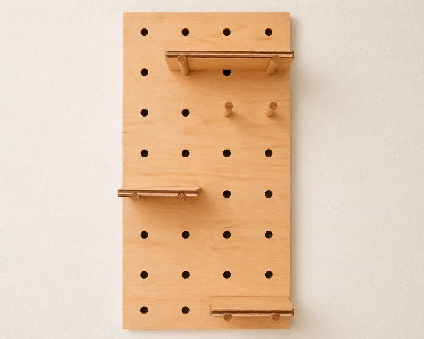 Starter pegboard shown empty with its three shelves and two pegs installed
