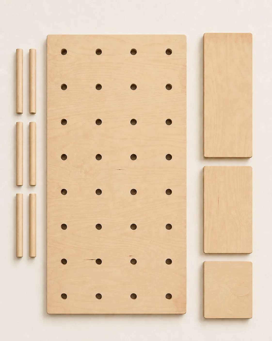 Gallery pegboard components arranged to show the included modules, shelves, and pegs