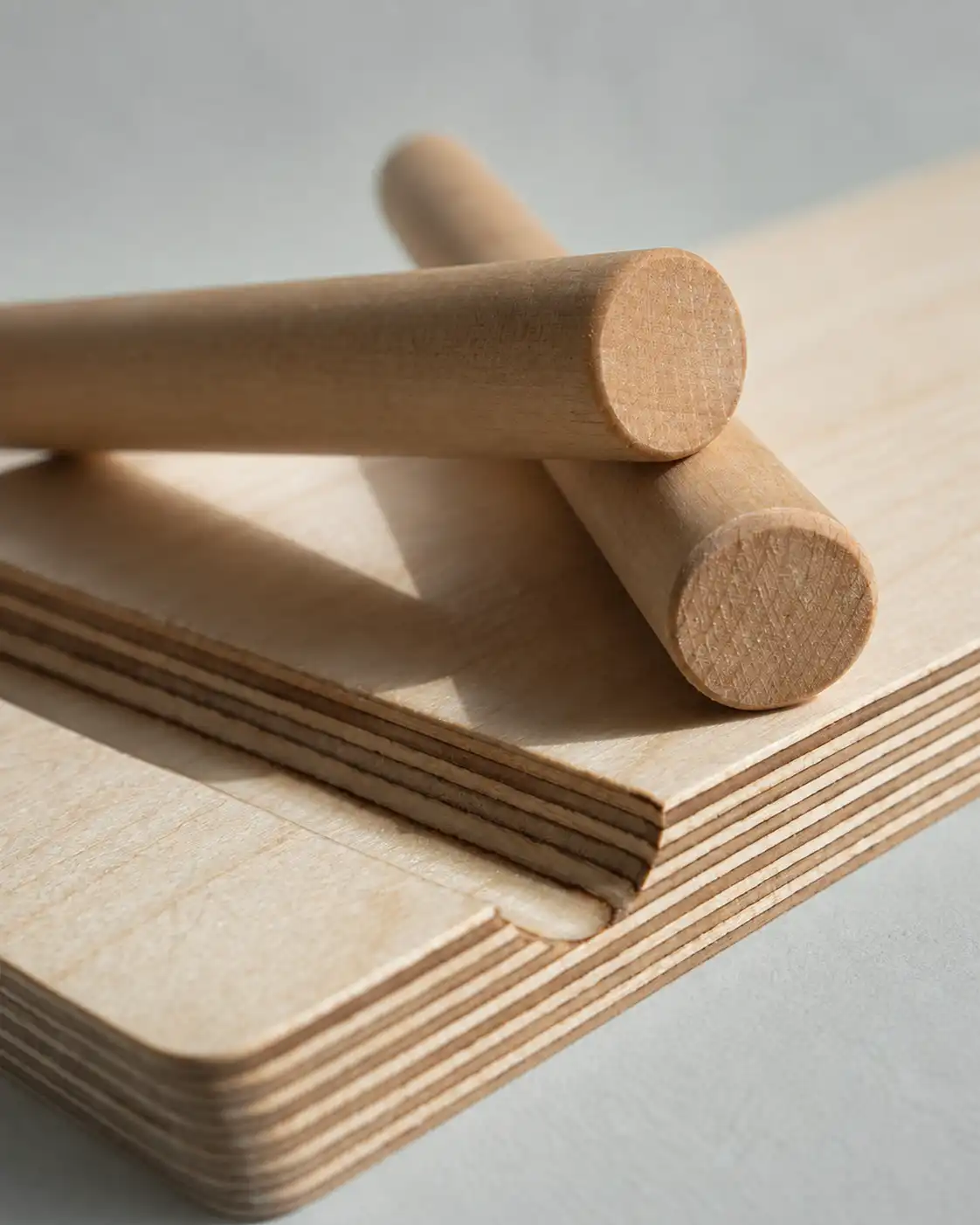 Close-up of a Baltic birch peg showing its layered end grain and smooth wood surface